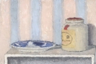 OSL038 'Mustard jar and plate' oil on board 15 x 24 cm 1984 (Exhibited in the Tyne Tees Northern Open 1985)