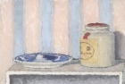 OSL038 \'Mustard jar and plate\' oil on board 15 x 24 cm 1984 (Exhibited in the Tyne Tees Northern Open 1985)